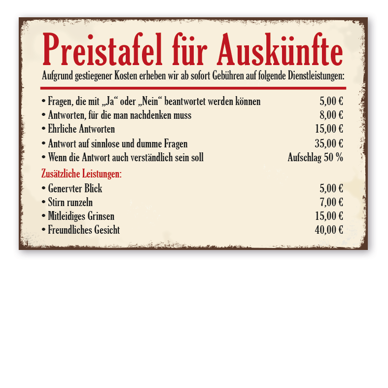 Retro Schild Preistafel für Auskünfte