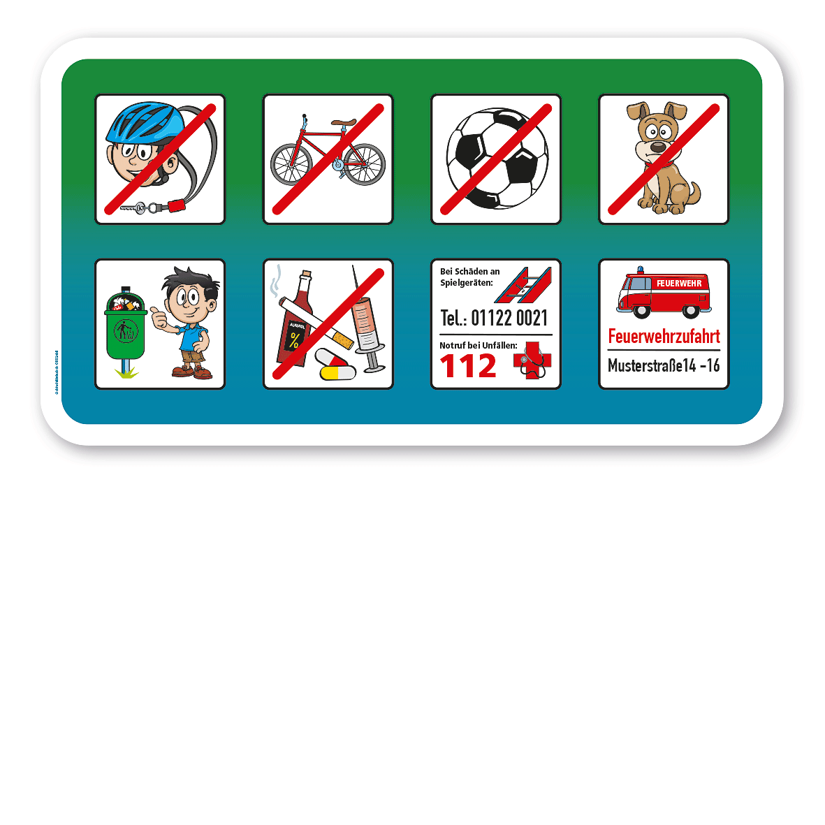 Spielplatzschild Zusatzschild mit 8 frei zu wählenden Piktogrammen – Schilderserie SP-01