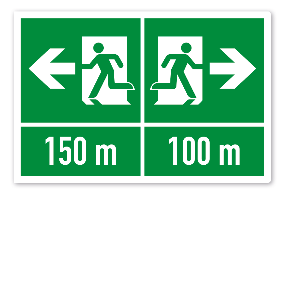 Fluchtwegschild für zwei Richtungen mit Ihrer Entfernungsangabe