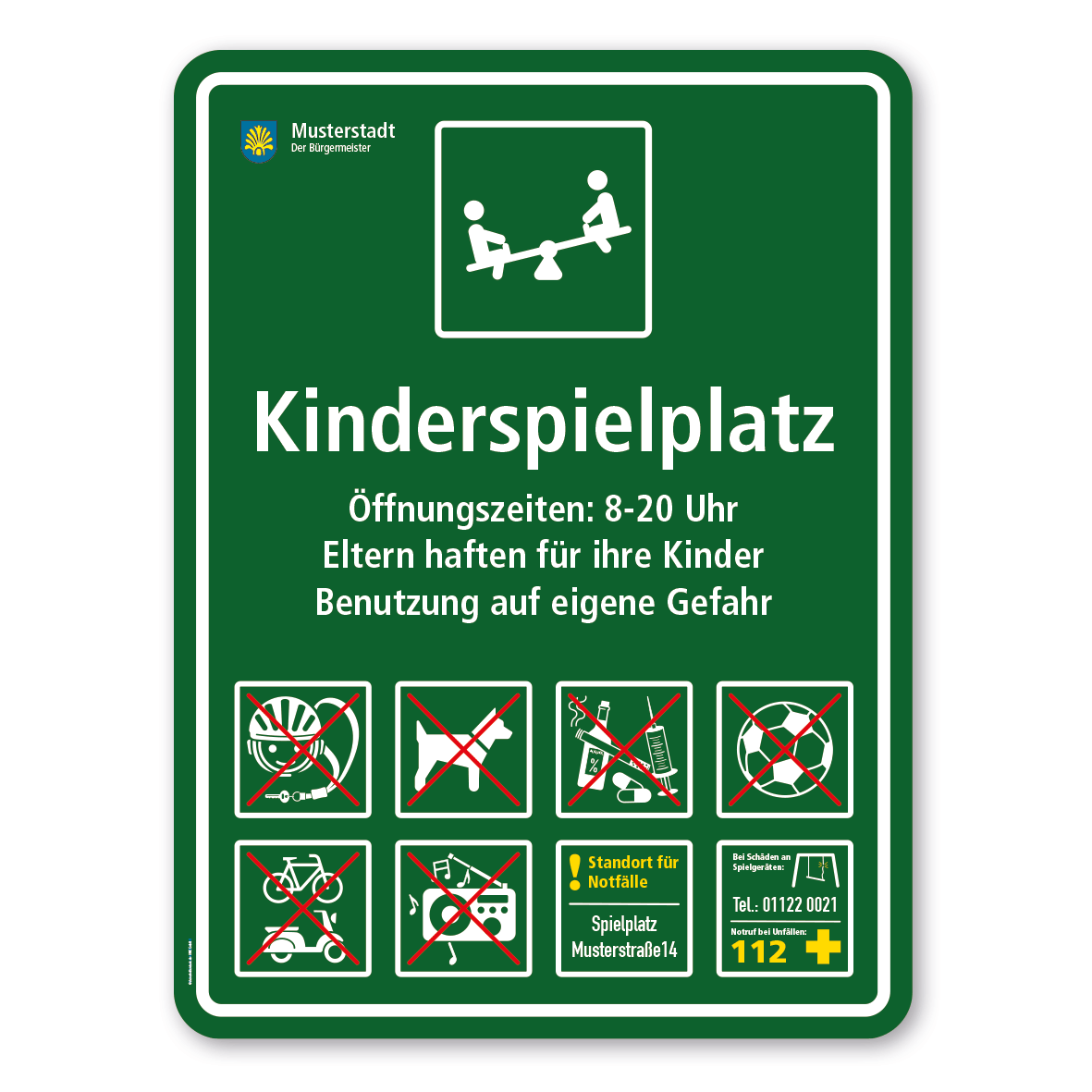 Spielplatzschild - Kinderspielplatz - mit Wippe - mit 8 frei zu wählenden Piktogrammen – Schilderserie SP-03