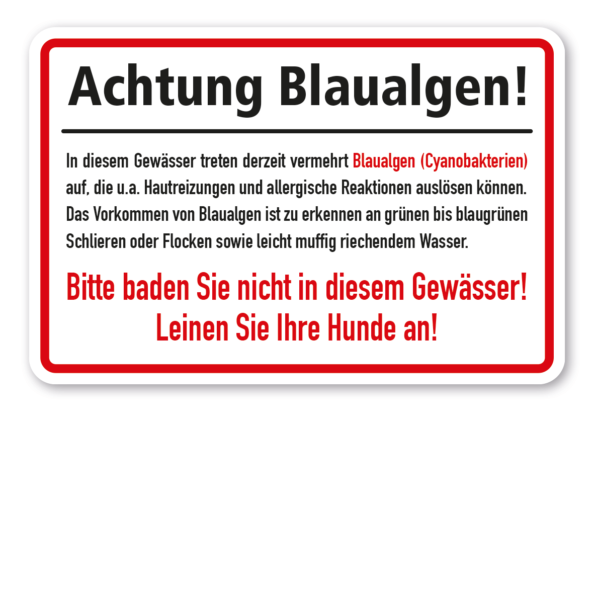 Warnschild Achtung Blaualgen (Cyanobakterien) - Bitte baden Sie nicht in diesem Gewässer! Leinen Sie Ihre Hunde an!