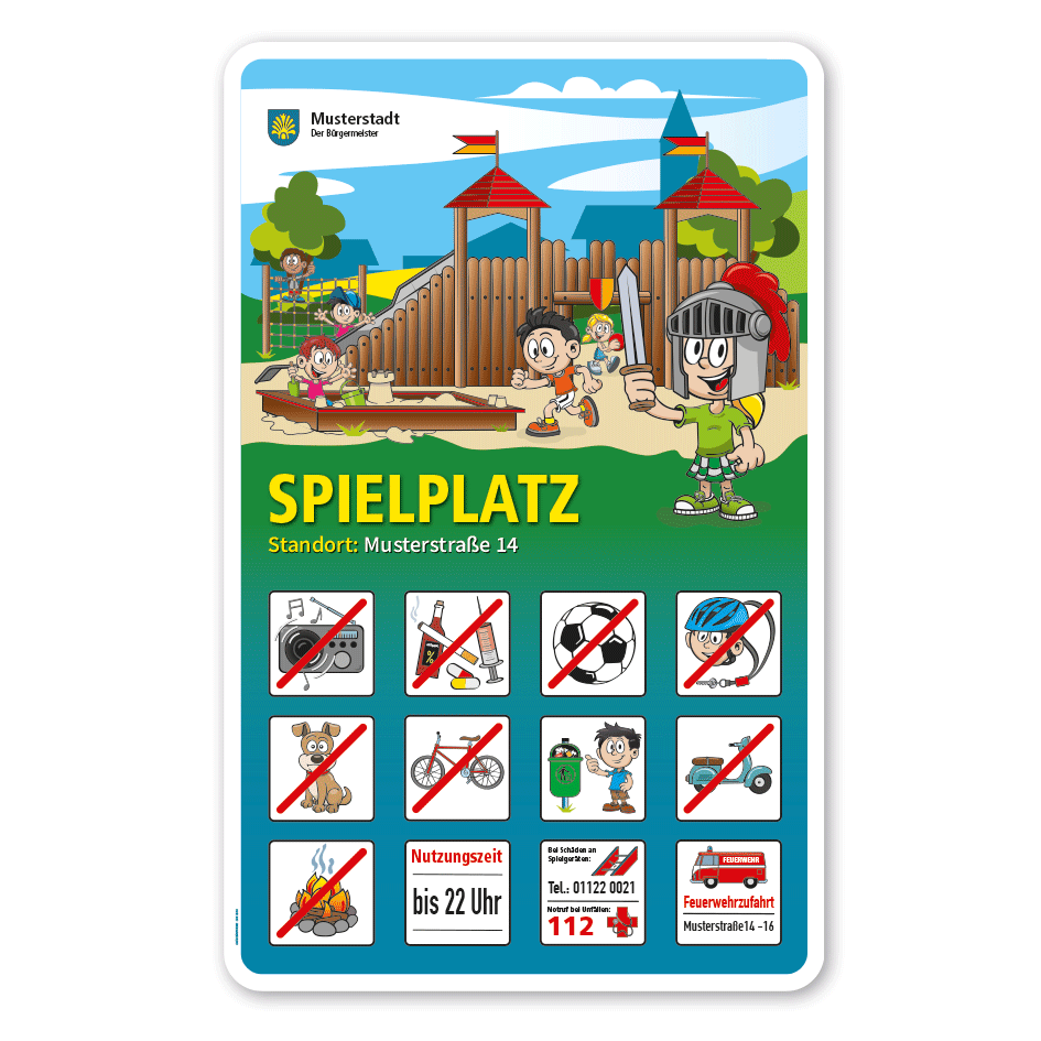 Spielplatzschild Ritterspielplatz - Burgspielplatz mit 12 frei zu wählenden Piktogrammen – Schilderserie SP-01