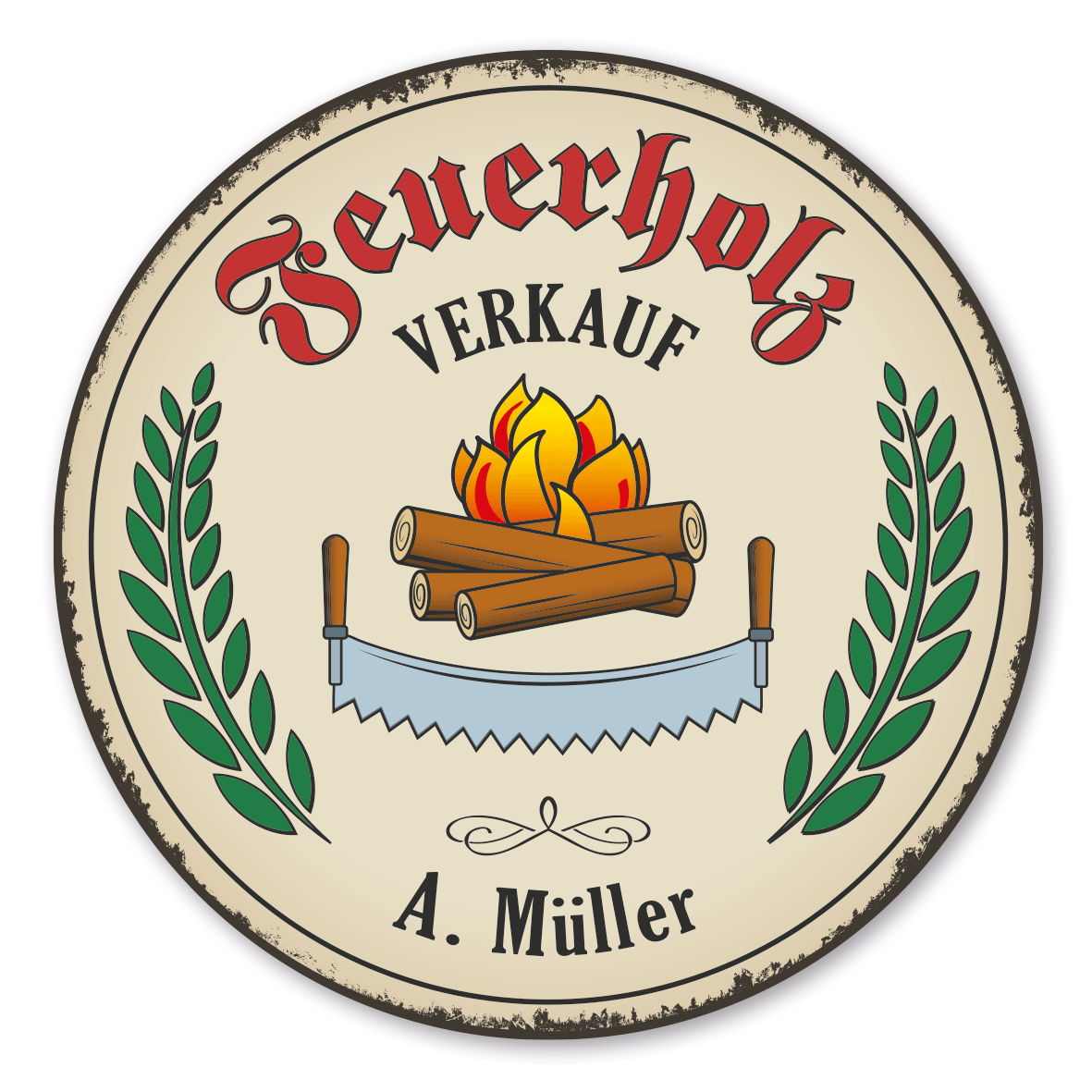 Maibaumschild / Verkaufsschild Feuerholzverkauf mit Logo Feuerstelle - Säge - mit Ihrem Namenseindruck oder Wunschtext - Rundes Wappen - Retro