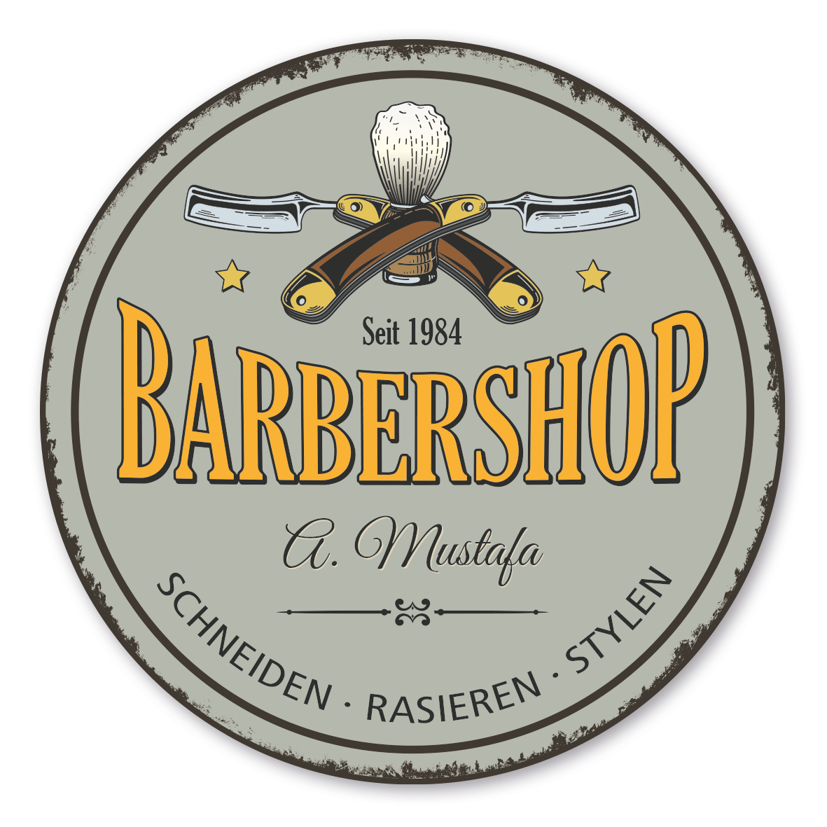 Retroschild / Vintage-Schild Barbershop – mit Ihrem Namens- und Jahreseindruck – Schneiden - Rasieren - Stylen - Barber-Schild, Frisörschild