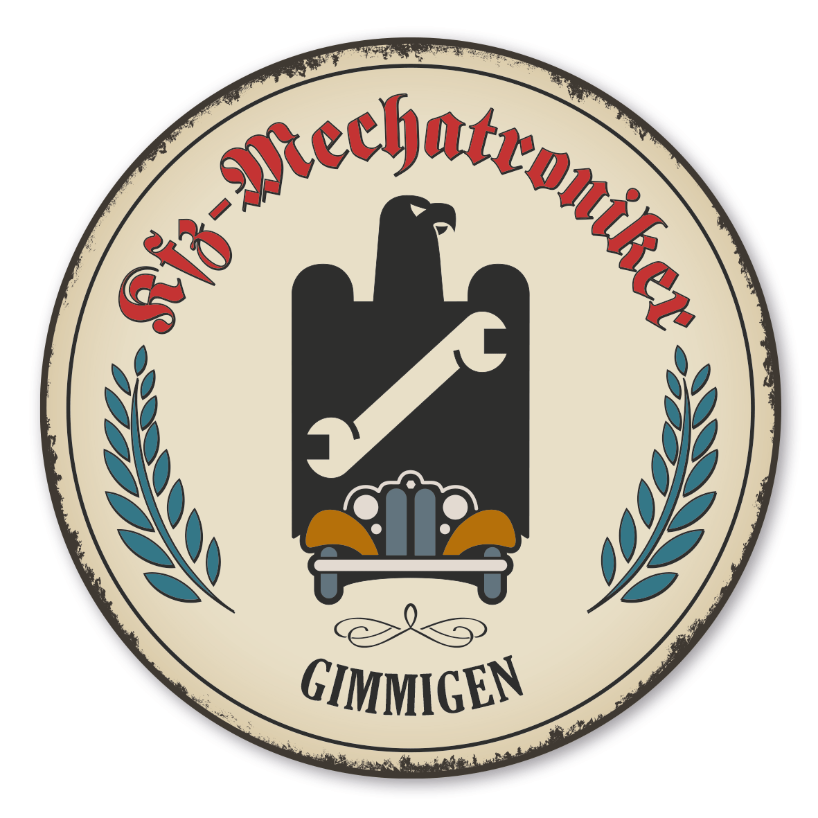 Maibaumschild / Festschild mit Zunftwappen Kfz-Mechatroniker - Kfz-Mechaniker - mit Zunftnamen und Ihrem Ortsnamen oder Wunschtext - Rundes Wappen - Retro