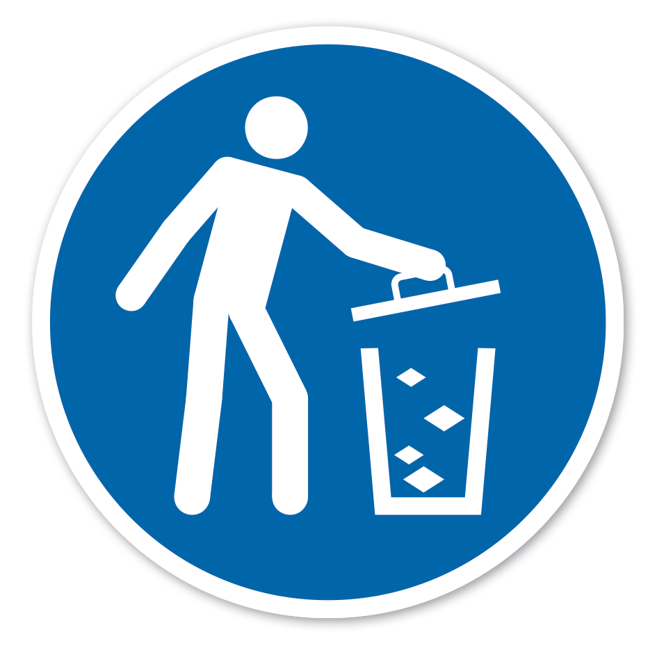 Gebotszeichen Abfälle - Müll nur in Müllbehältern mit Deckel entsorgen