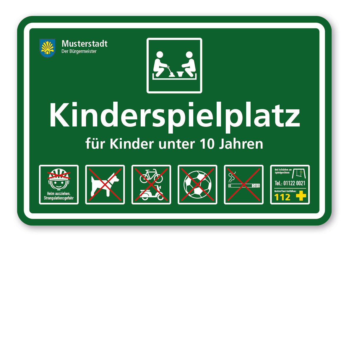 Spielplatzschild - Kinderspielplatz - mit Sandkasten - mit 6 frei zu wählenden Piktogrammen – Schilderserie SP-03