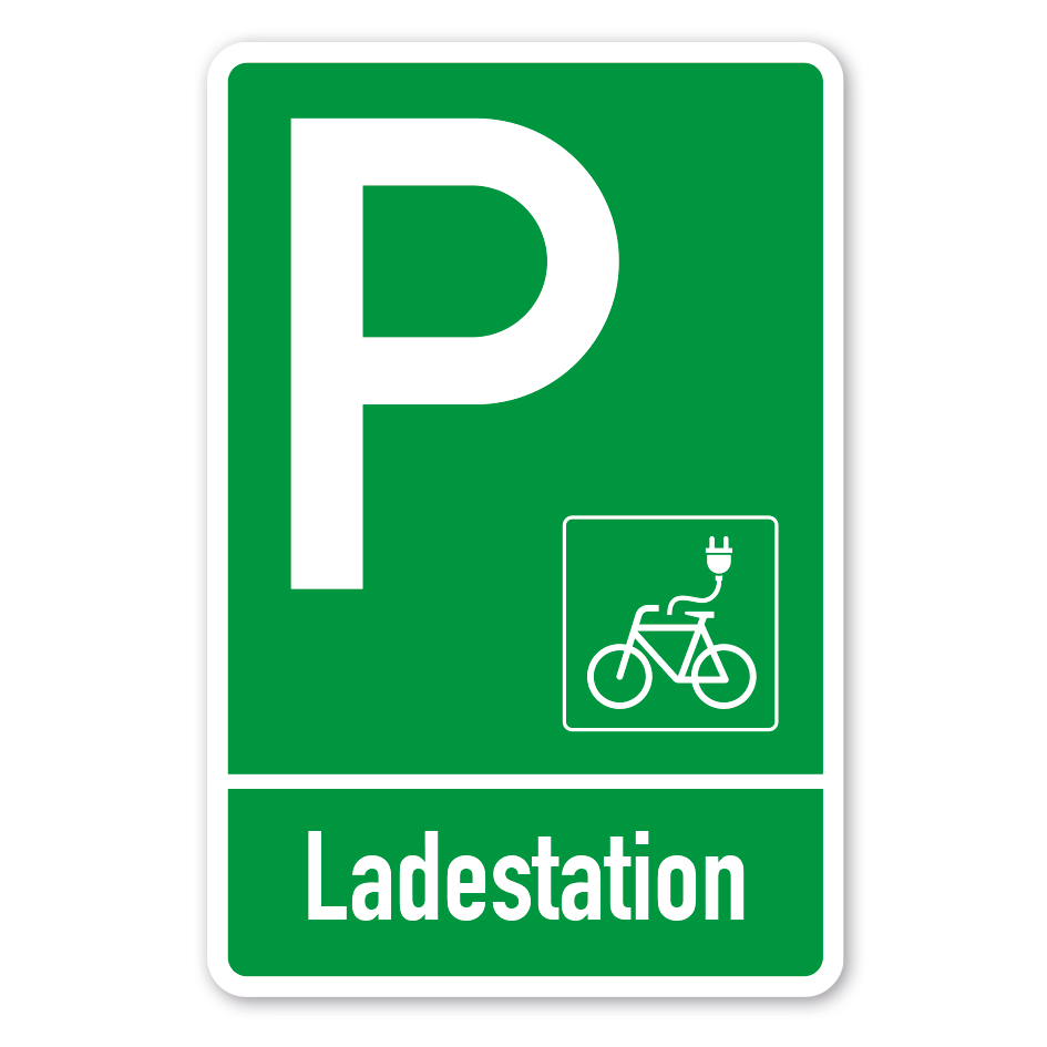 Parkplatzschild Ladestation E-Bike - Elektrorad - einzeilig mit kleinem Piktogramm - Verkehrsschild – Grüne Ausführung