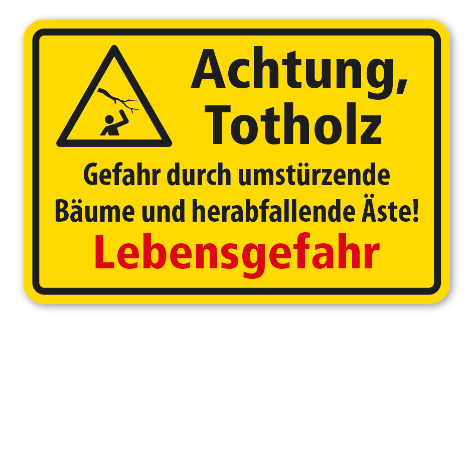Warnschild Achtung Totholz - Gefahr durch umstürzende Bäume und herabfallende Äste - Lebensgefahr