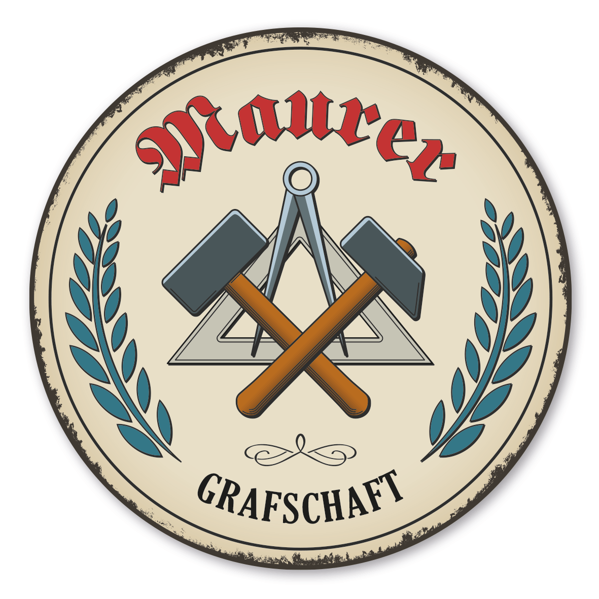 Maibaumschild / Festschild mit Zunftwappen Maurer - mit Zunftnamen und Ihrem Ortsnamen oder Wunschtext - Rundes Wappen - Retro