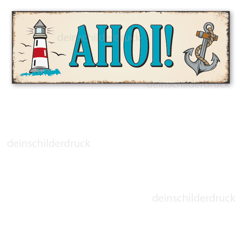 Retro Schild Ahoi - mit Leuchtturm und Anker