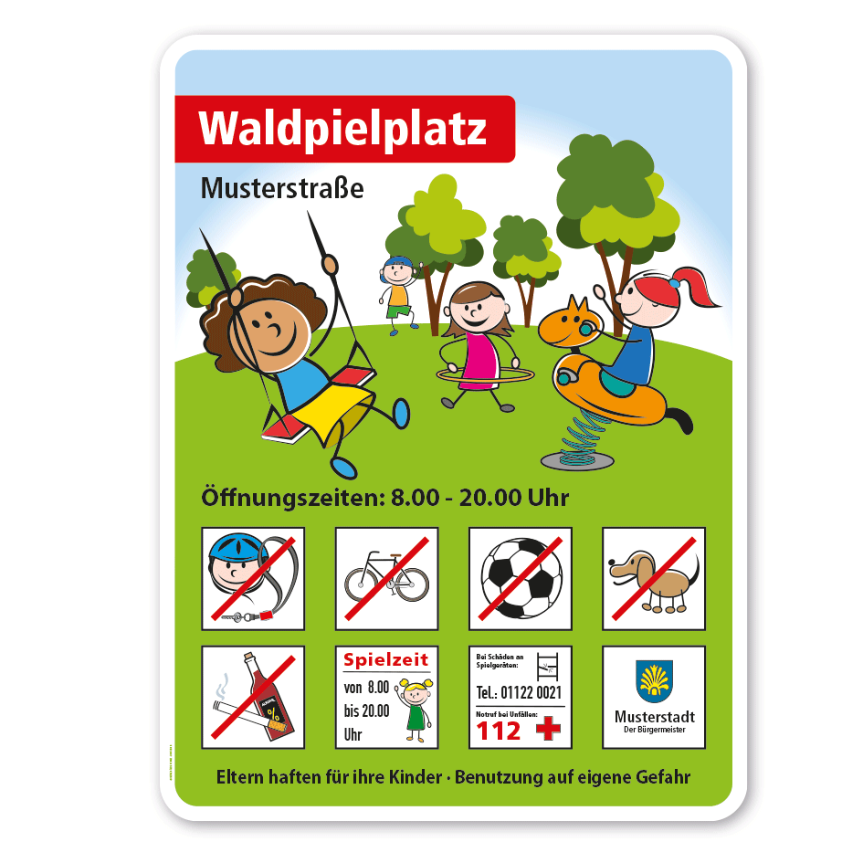 Spielplatzschild Waldspielplatz - mit 8 frei zu wählenden Piktogrammen – Schilderserie SP-04
