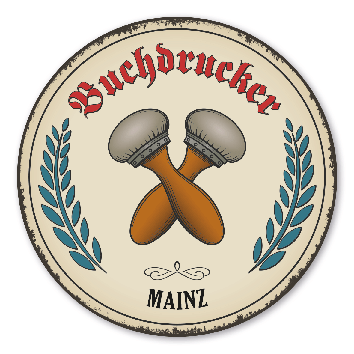 Maibaumschild / Festschild mit Zunftwappen Buchdrucker - mit Zunftnamen und Ihrem Ortsnamen oder Wunschtext - Rundes Wappen - Retro