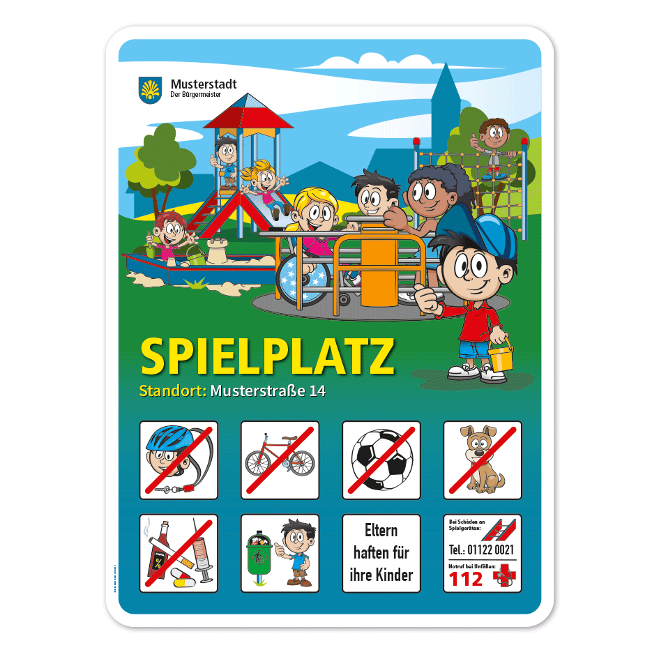 Spielplatzschild Rollstuhlkarussell - Integrationskarussell - Rutsche - Sandkasten - mit 8 frei zu wählenden Piktogrammen – Schilderserie SP-01