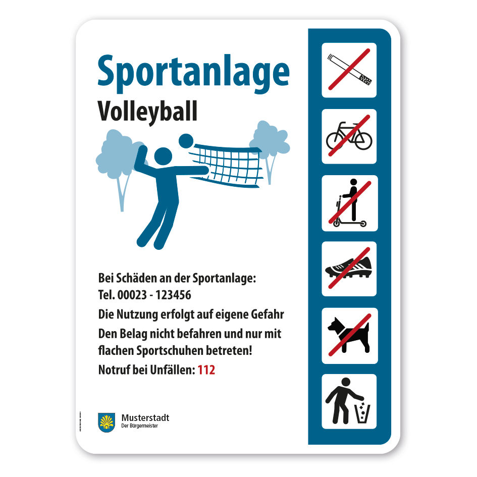 Spielplatzschild - Sportanlage Volleyball mit 6 frei zu wählenden Piktogrammen – Schilderserie SP-05