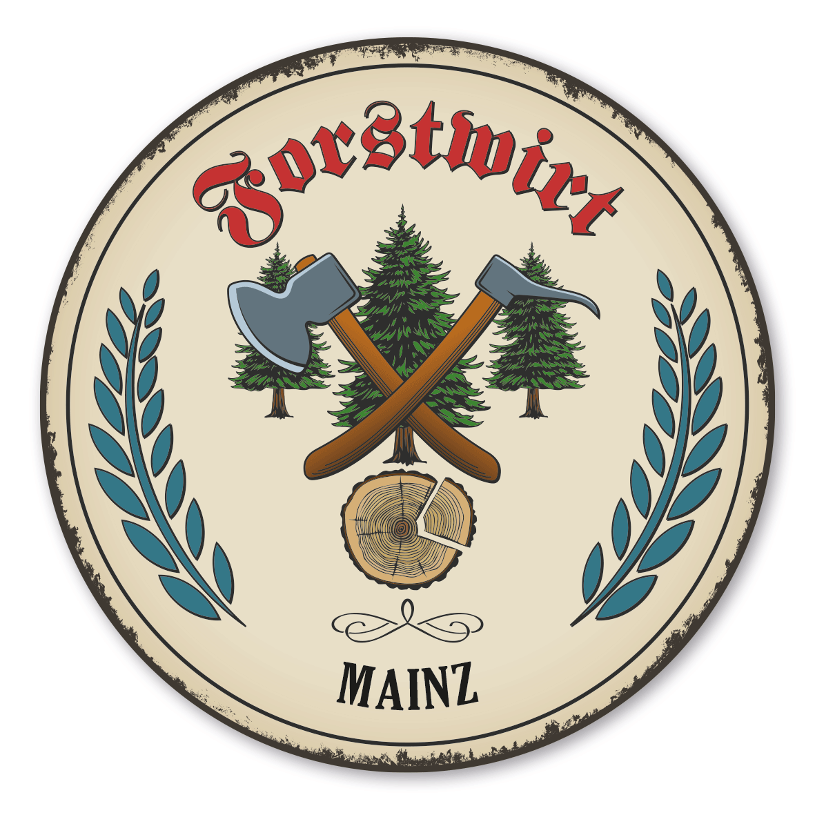 Maibaumschild / Festschild mit Zunftwappen Forstwirt - mit Baumscheibe - mit Zunftnamen und Ihrem Ortsnamen oder Wunschtext - Rundes Wappen - Retro
