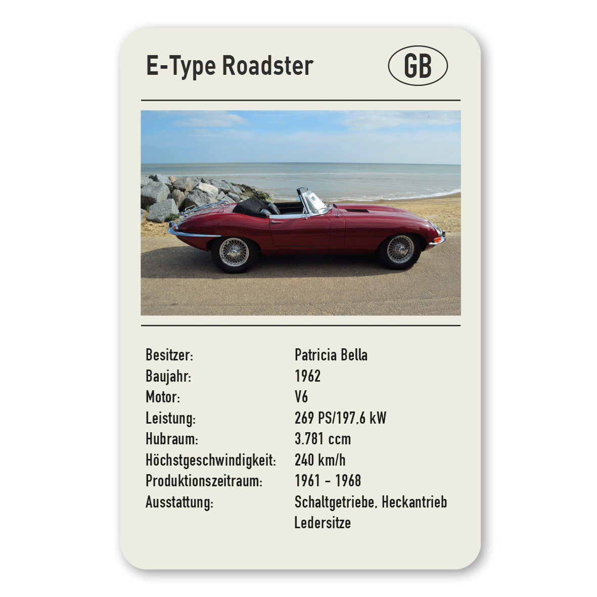 Steckbrief für Fahrzeuge im Quartettkarten-Stil mit Ihrem Photo, Wunschtext und Länderkürzel als hochwertiges Schild - Autoschild QT-J-03