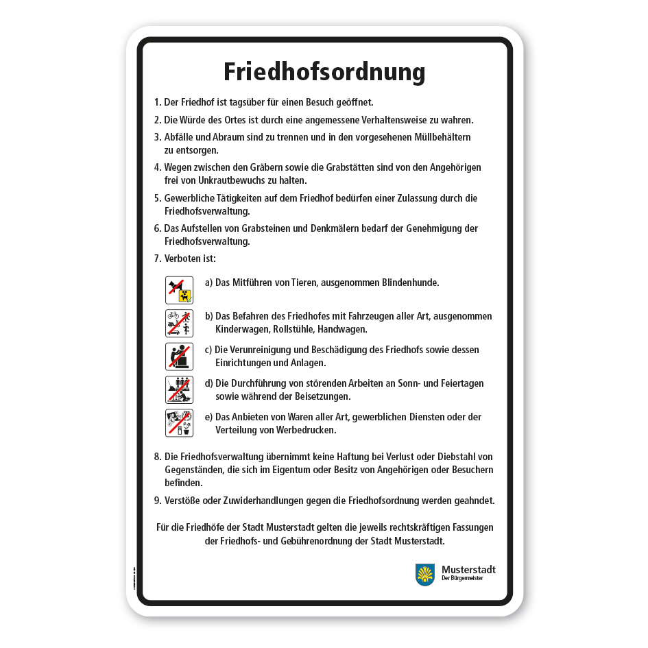 Friedhofsschild Friedhofsordnung mit 5 Piktogrammen - 660 x 980 mm
