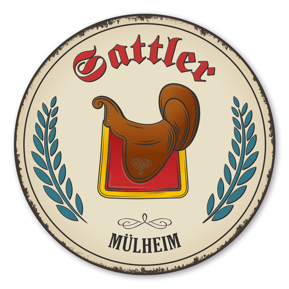 Maibaumschild / Festschild mit Zunftwappen Sattler - mit Zunftnamen und Ihrem Ortsnamen oder Wunschtext - Rundes Wappen - Retro