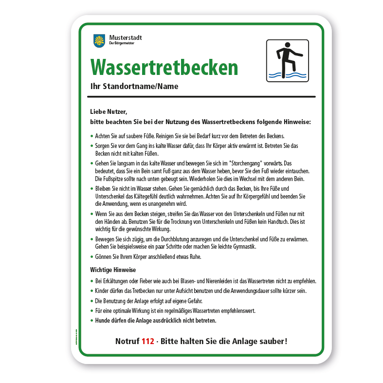 Sportplatzschild Wassertretbecken - mit Nutzungshinweisen – Schilderserie SP-02-B