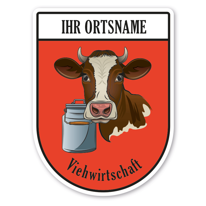 Maibaumschild / Zunftwappen Viehwirtschaft - Viehbauer - Milchbauer - braunweiße Kuh mit Zunftnamen, Ortsnamen oder Ihrem Wunschtext - Wappen BL