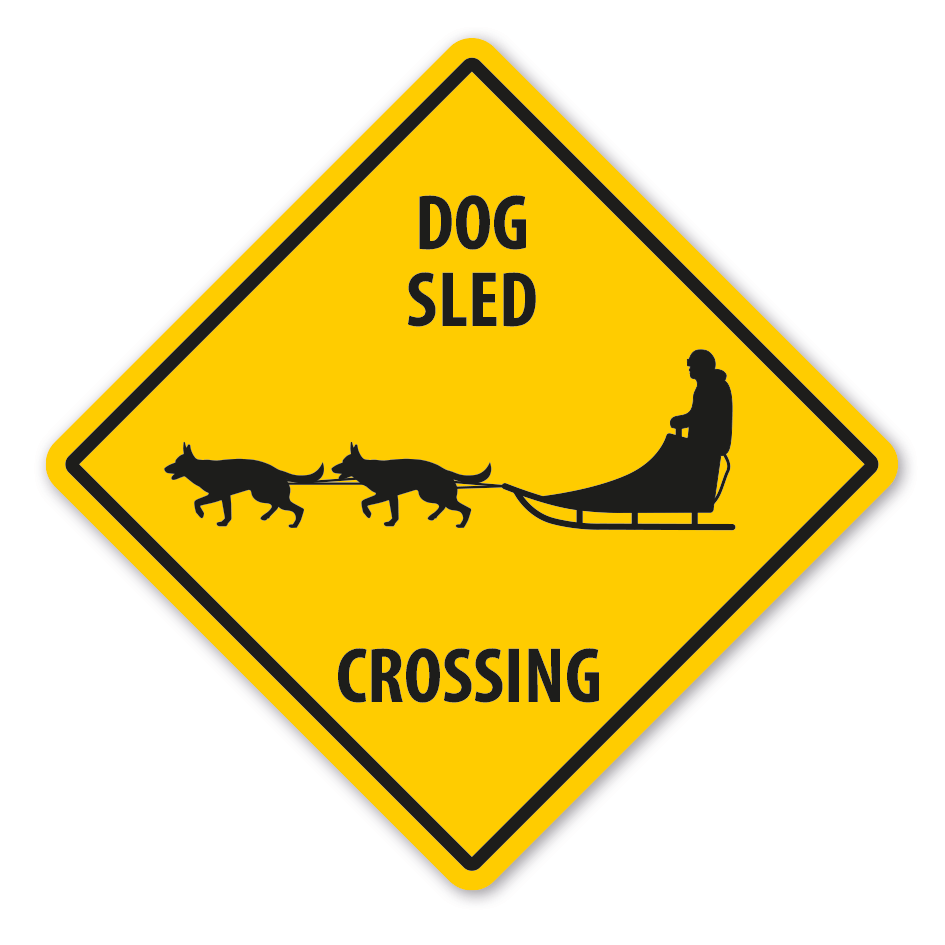 Warnschild Dog Sled (Hundeschlitten) crossing - mit und ohne Text