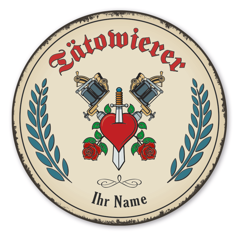 Maibaumschild / Festschild mit Zunftwappen Tätowierer - mit Zunftnamen, Ihrem Ortsnamen oder Wunschtext - Rundes Wappen - Retro