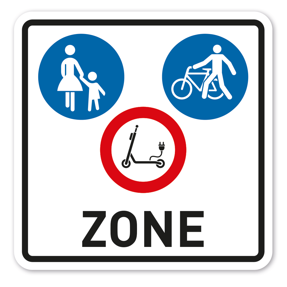 Hinweisschild Zone Fußgänger - Radfahrer absteigen, Fahrrad schieben - E-Scooter verboten - quadratisch - Verkehrsschild
