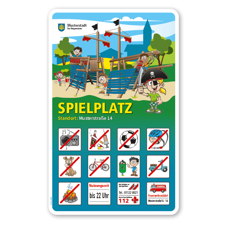Spielplatzschild Spielplatz mit Spielschiff - Piratenschiff mit 12 frei zu wählenden Piktogrammen – Schilderserie SP-01