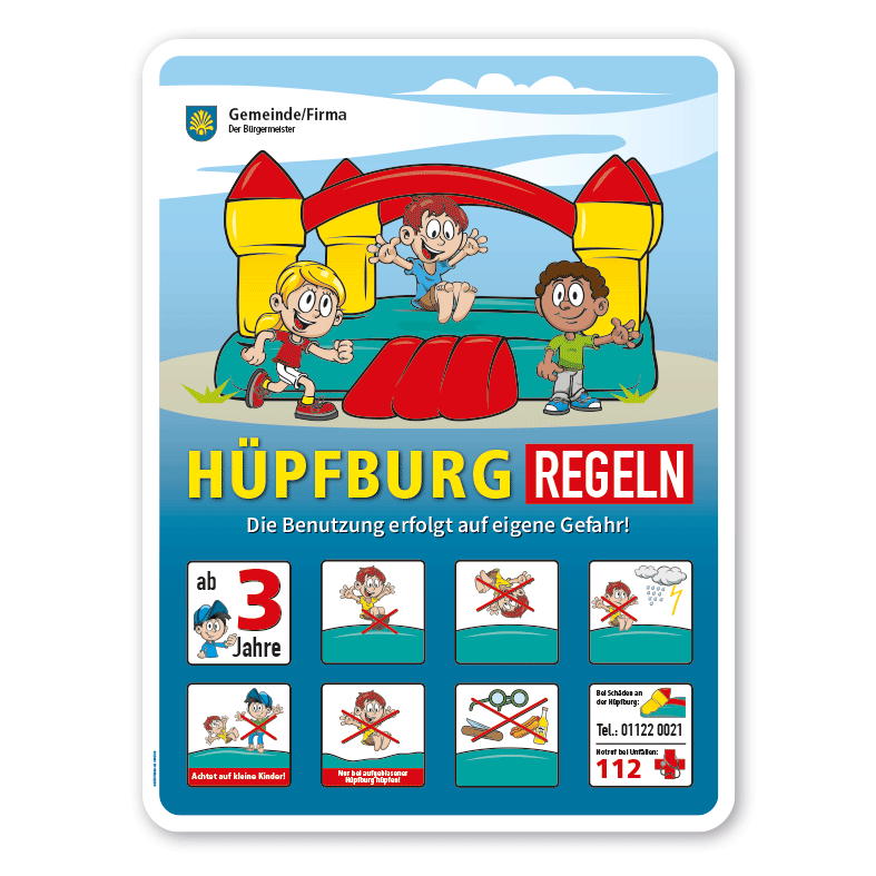Spielplatzschild Hüpfburg-Regeln - mit 8 frei zu wählenden Piktogrammen – Schilderserie SP-01