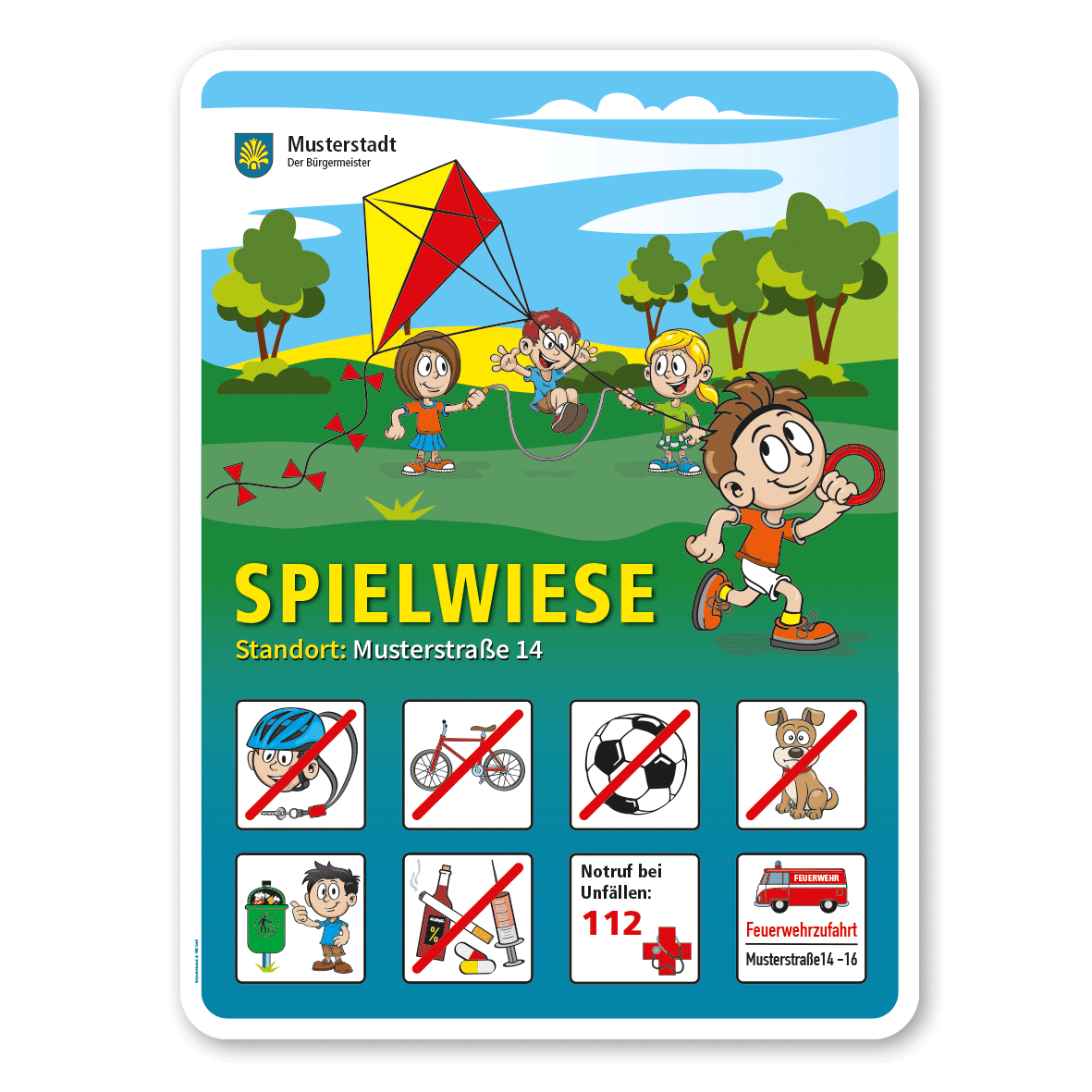 Spielplatzschild Spielwiese - mit 8 frei zu wählenden Piktogrammen – Schilderserie SP-01
