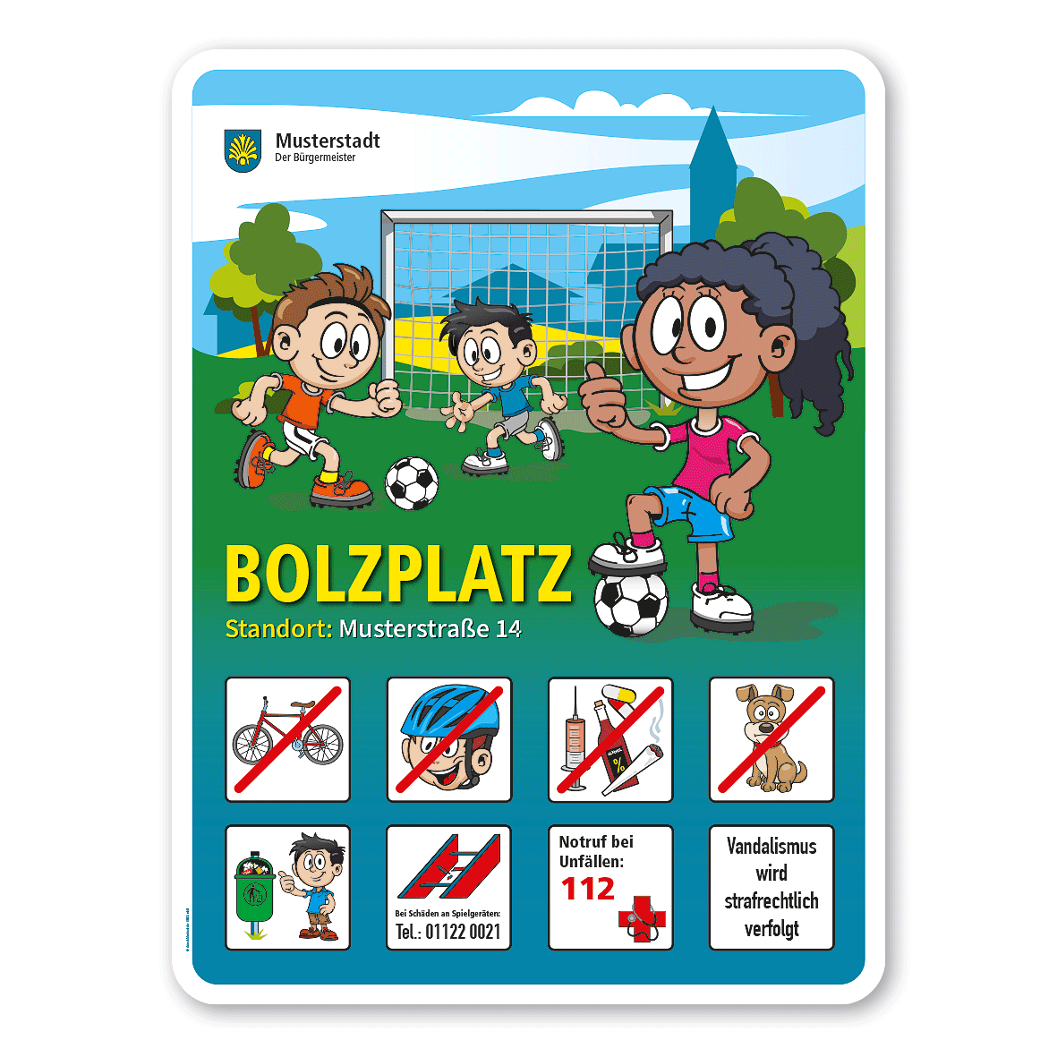 Spielplatzschild - Bolzplatzschild mit 8 frei zu wählenden Piktogrammen - Tor – Schilderserie SP-01