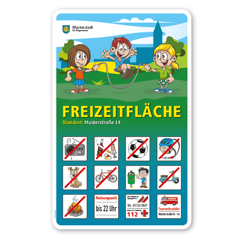 Spielplatzschild Freizeitfläche - mit 12 frei zu wählenden Piktogrammen – Schilderserie SP-01