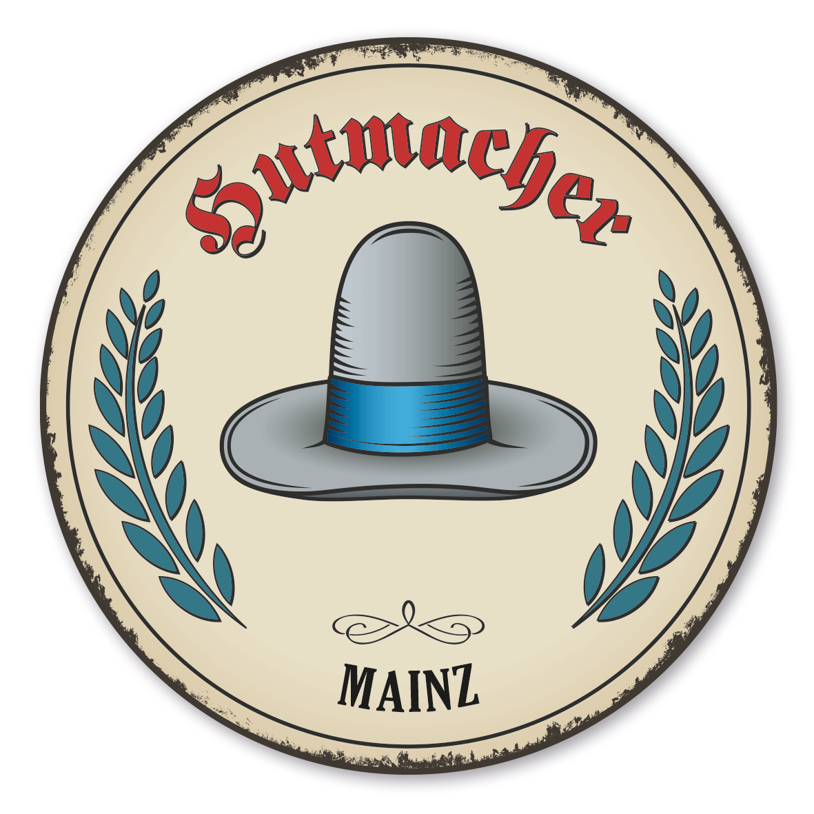 Maibaumschild / Festschild mit Zunftwappen Hutmacher - mit Zunftnamen und Ihrem Ortsnamen oder Wunschtext - Rundes Wappen - Retro