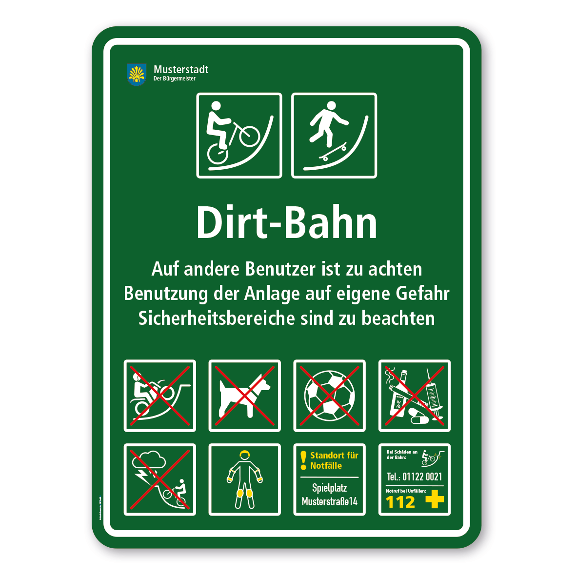 Sportschild - Dirt-Bahn - mit BMX-Fahrer und Skateboardfahrer - mit 8 frei zu wählenden Piktogrammen – Schilderserie SP-03