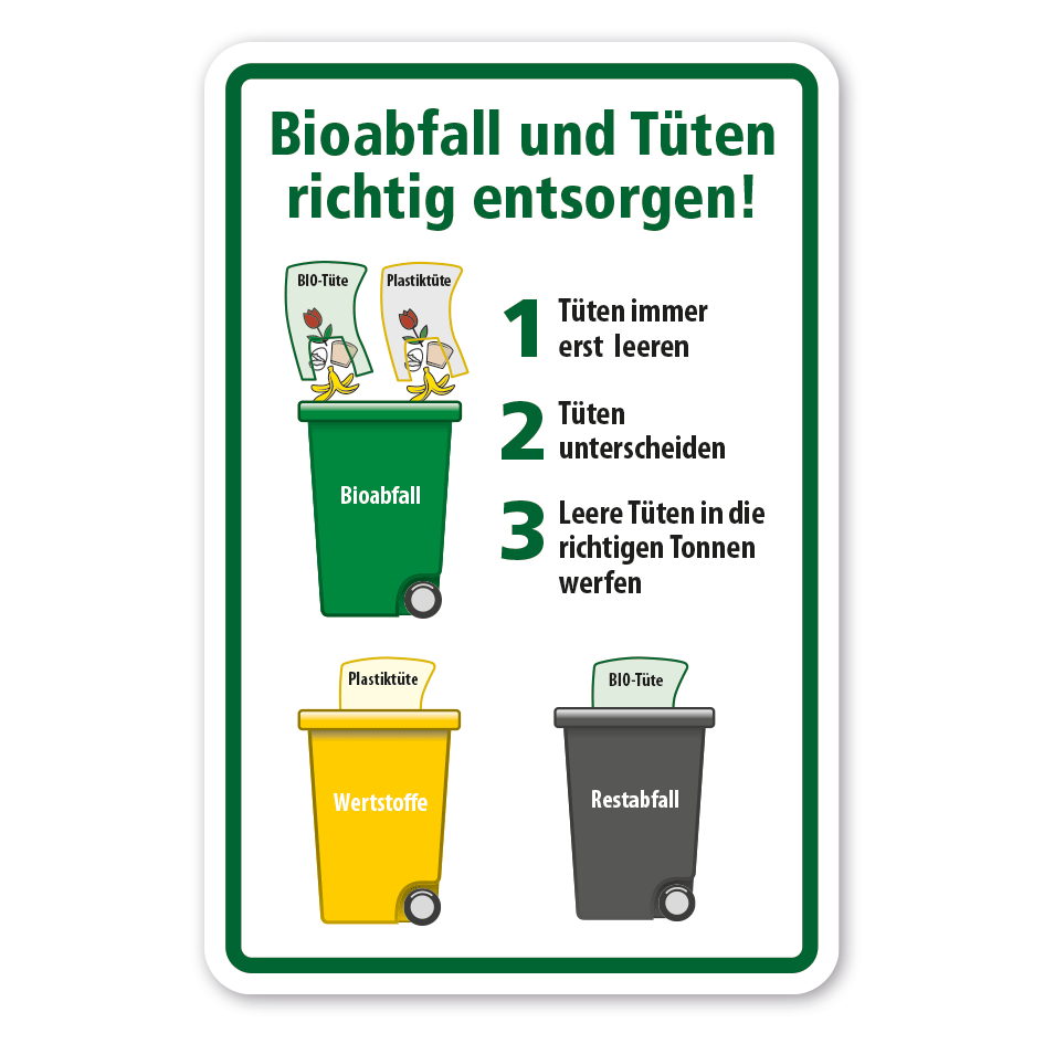 Schild zur Abfallentsorgung Bioabfall (grüne Tonne) und Tüten richtig entsorgen