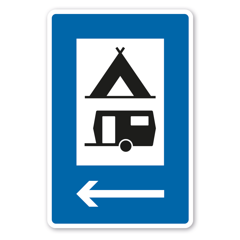 Parkplatzschild Campingzeichen und Wohnwagen mit Pfeil links – mit großem Piktogramm - Verkehrsschild
