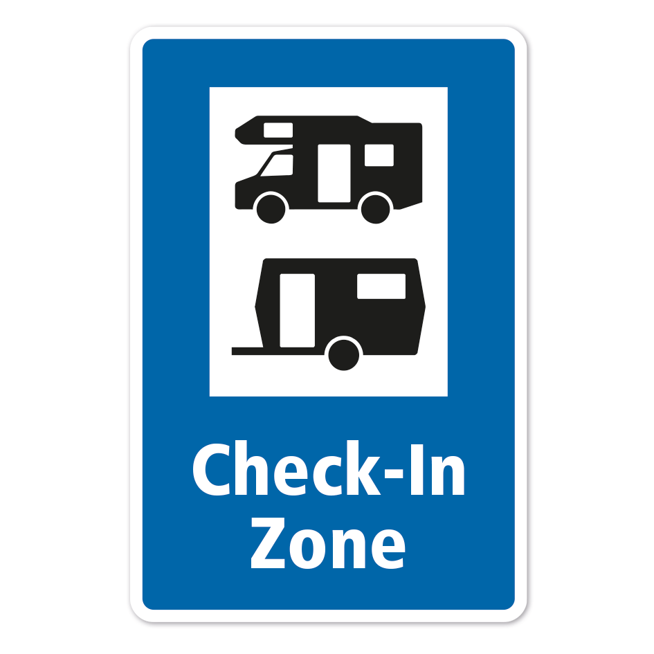 Parkplatzschild - Wohnmobile - Wohnwagen - Check-In – mit großem Piktogramm - Verkehrsschild