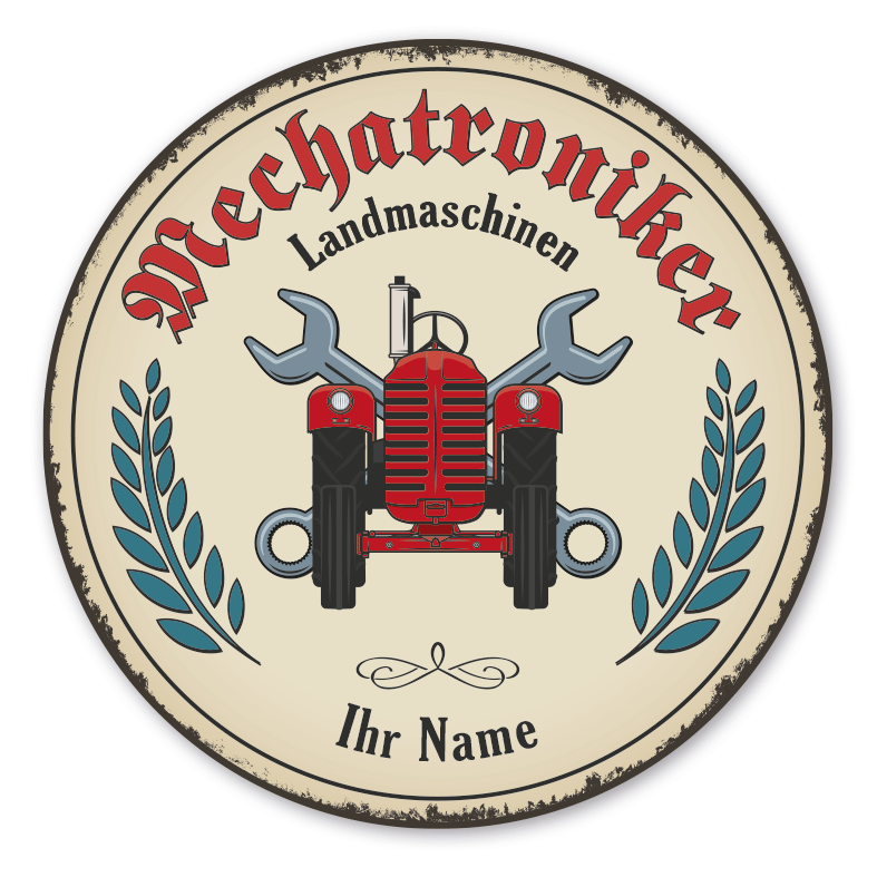 Maibaumschild / Festschild mit Zunftwappen Landmaschinen-Mechatroniker - mit Zunftnamen und Ihrem Ortsnamen oder Wunschtext - Rundes Wappen - Retro