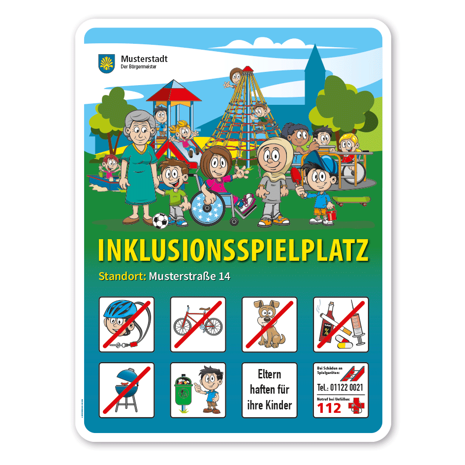 Spielplatzschild Inklusionsspielplatz mit Rollstuhlkarussell - Rutsche - Sandkasten - Kletterpyramide - mit 8 frei zu wählenden Piktogrammen – Schilderserie SP-01