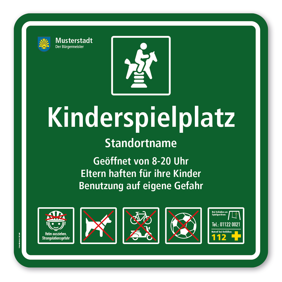 Spielplatzschild - Kinderspielplatz - mit Federwippe - mit 5 frei zu wählenden Piktogrammen - quadratisch – Schilderserie SP-03