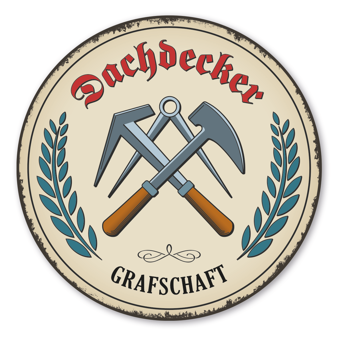 Maibaumschild / Festschild mit Zunftwappen Dachdecker - mit Zunftnamen und Ihrem Ortsnamen oder Wunschtext - Rundes Wappen - Retro