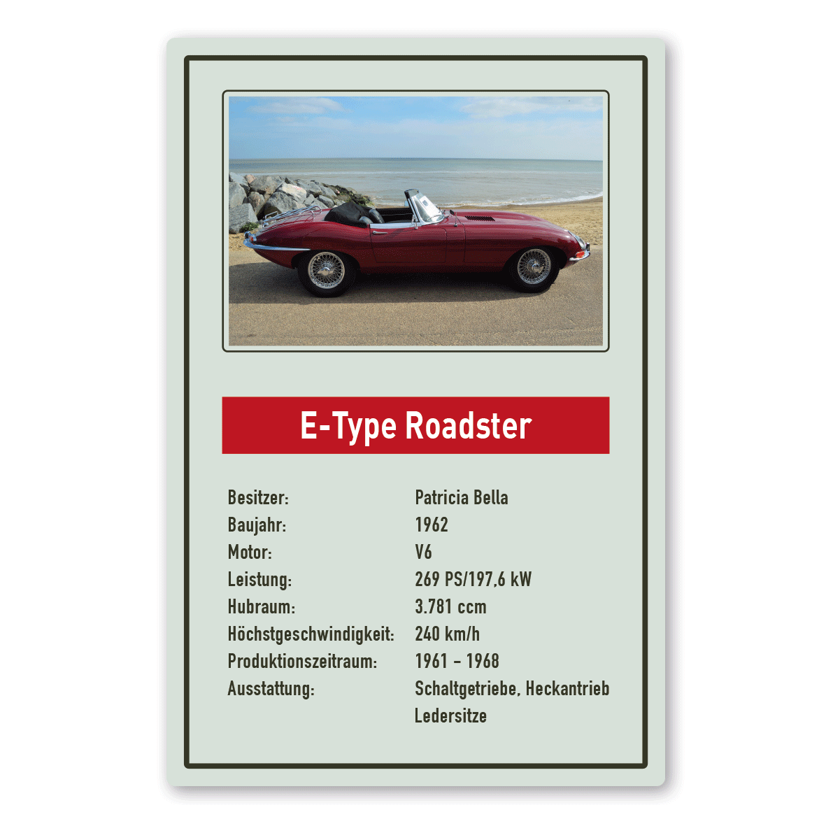 Steckbrief für Fahrzeuge im Quartettkarten-Stil mit Ihrem Photo und Wunschtext als hochwertiges Schild - Autoschild QT-J-01