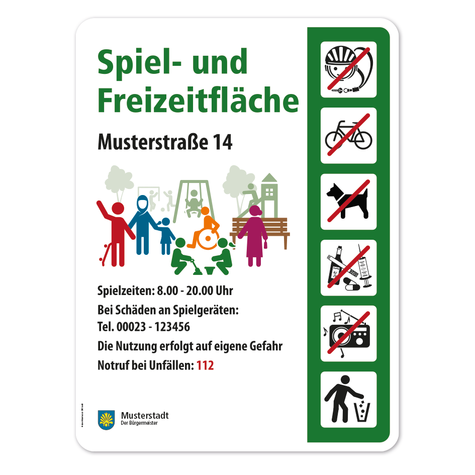 Spielplatzschild - Spiel- und Freizeitfläche mit 6 frei zu wählenden Piktogrammen – Schilderserie SP-05