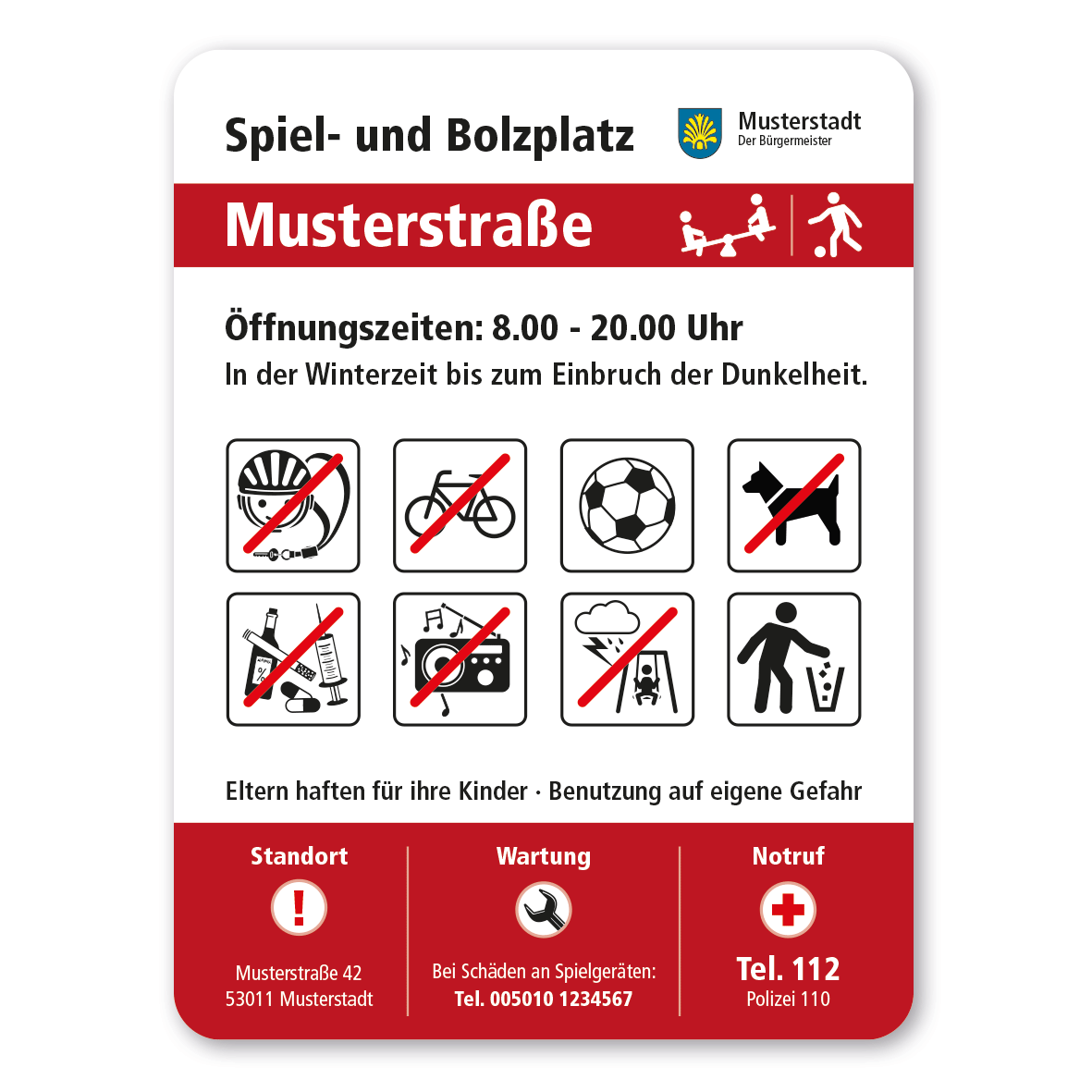 Spielplatzkennzeichnung Spiel- und Bolzplatz mit 8 frei zu wählenden Piktogrammen – Spielplatzschild der Serie SP-02-C