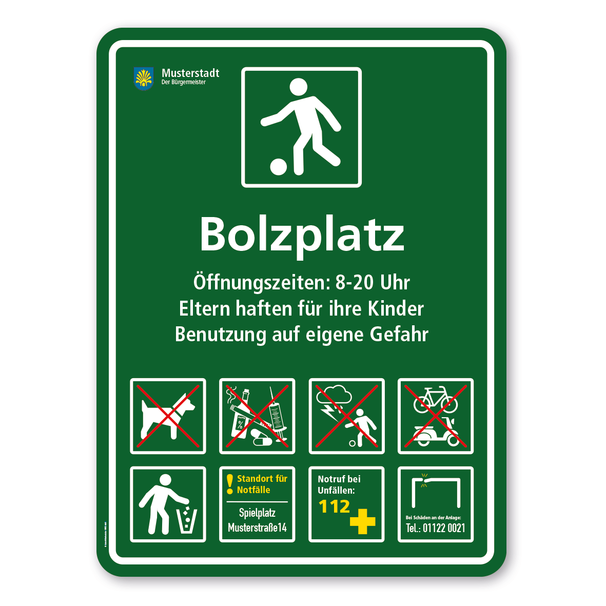 Bolzplatzschild - mit Fußballspieler - mit 8 frei zu wählenden Piktogrammen – Schilderserie SP-03