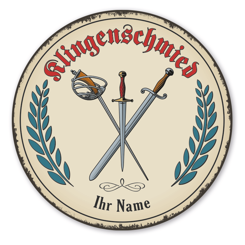 Maibaumschild / Festschild mit Zunftwappen Klingenschmied - Waffenschmied - Schmied - mit Zunftnamen, Ihrem Ortsnamen oder Wunschtext - Rundes Wappen