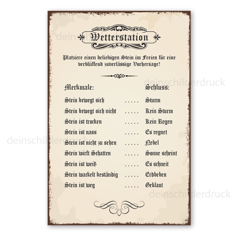 Schild Wetterstation - Wettervorhersage mit einem Stein - altdeutsche Ausführung im Retro Look
