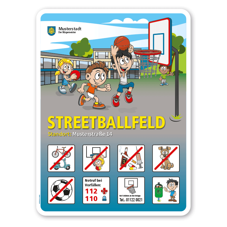 Spielplatzschild Streetballfeld - Basketball - mit 8 frei zu wählenden Piktogrammen – Schilderserie SP-01