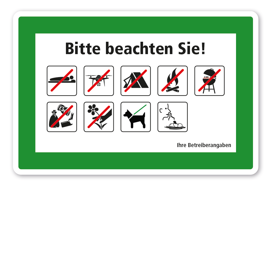 Schild Bitte beachten Sie - Verhaltensregeln im Wald – mit Piktogrammen und Ihren Betreiberinformationen